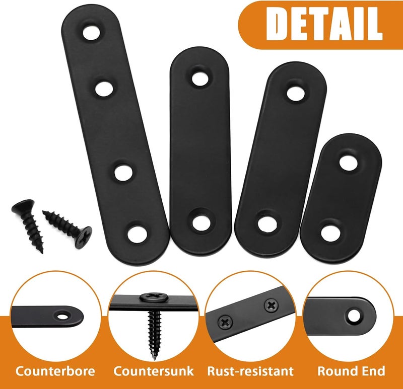mankk 86PCS Black Straight Flat Metal Bracket Mending Plates Stainless Steel Flat Brace Brackets Fixed Connecting Plate for Wood Repair Fixing - Image 3